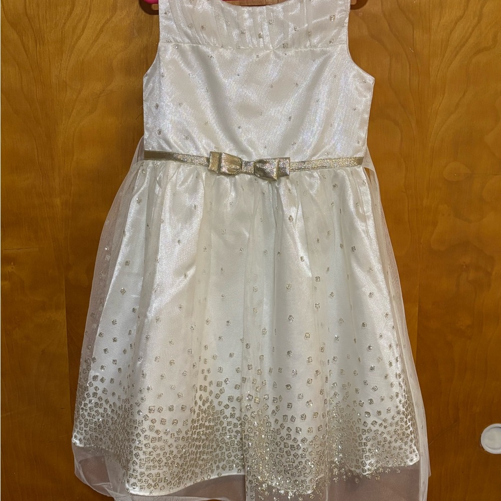 Jona Michelle White and Gold Sparkle Bow Party Dress